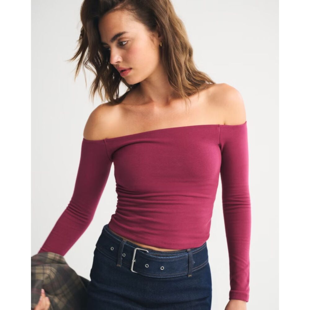 Abercrombie Bra Free Off Shoulder Top Large Navy Double Lined Built In Bra